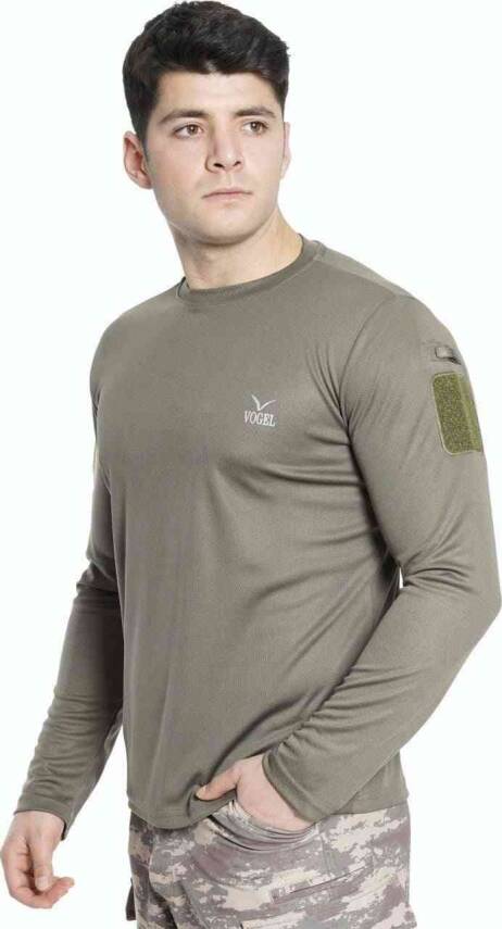 Uzun Kol Yakasız Haki Tişört - 1